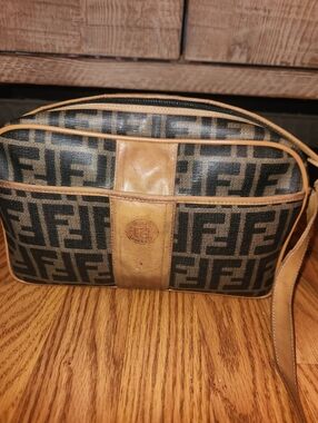 Fendi Crossbody Canvas Leather Bag Vintage FF Needs Repair Brown Leather Trim